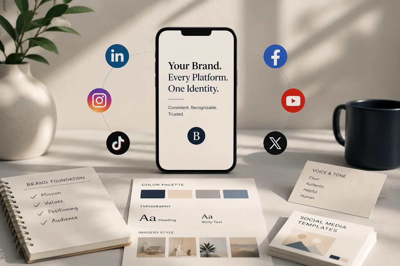 A modern workspace featuring a smartphone surrounded by social media icons, a brand style guide, color palette, voice and tone cards, and branding templates, illustrating how a consistent visual identity strengthens branding across social media platforms.