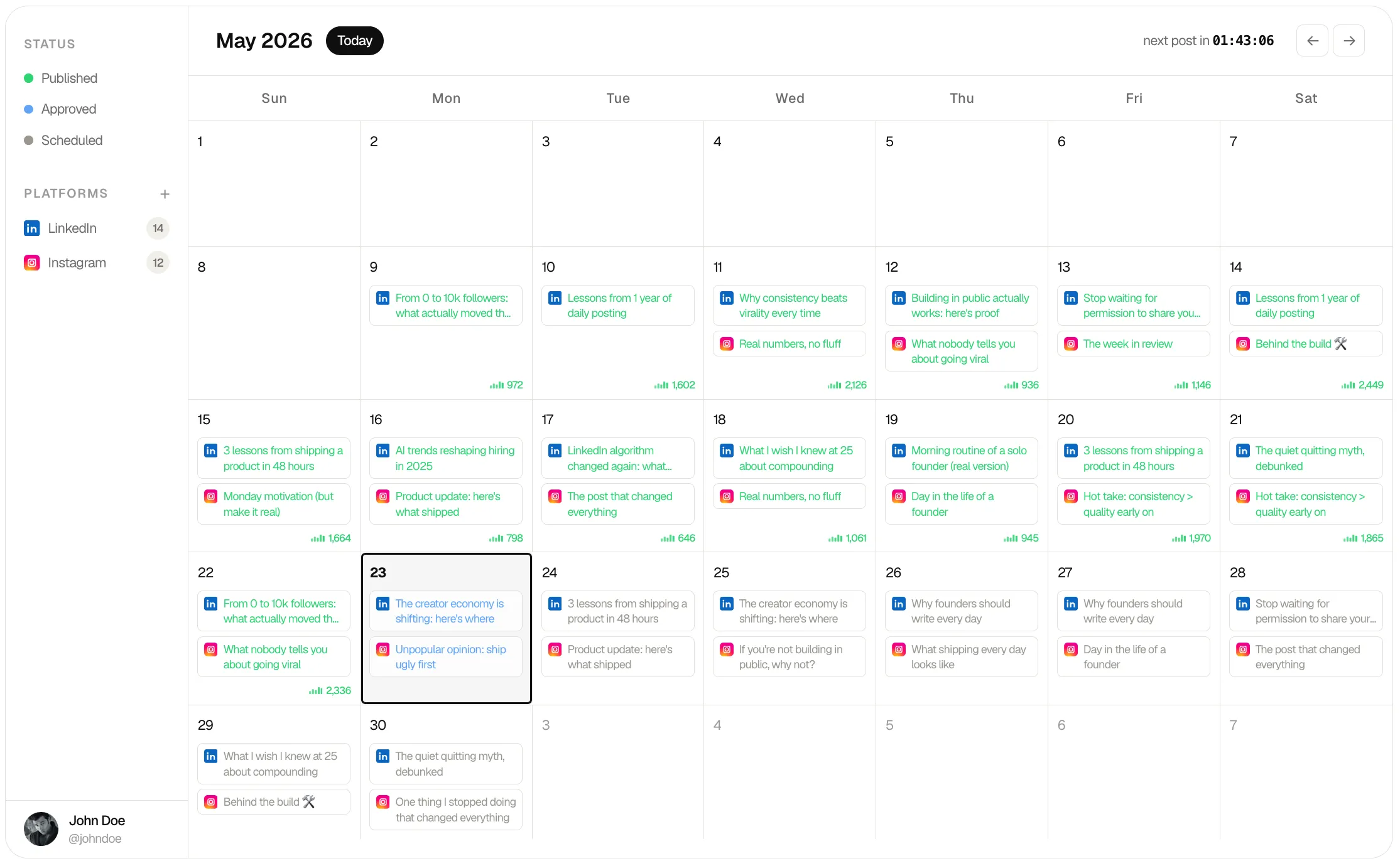 OPAD content calendar showing scheduled and published LinkedIn posts