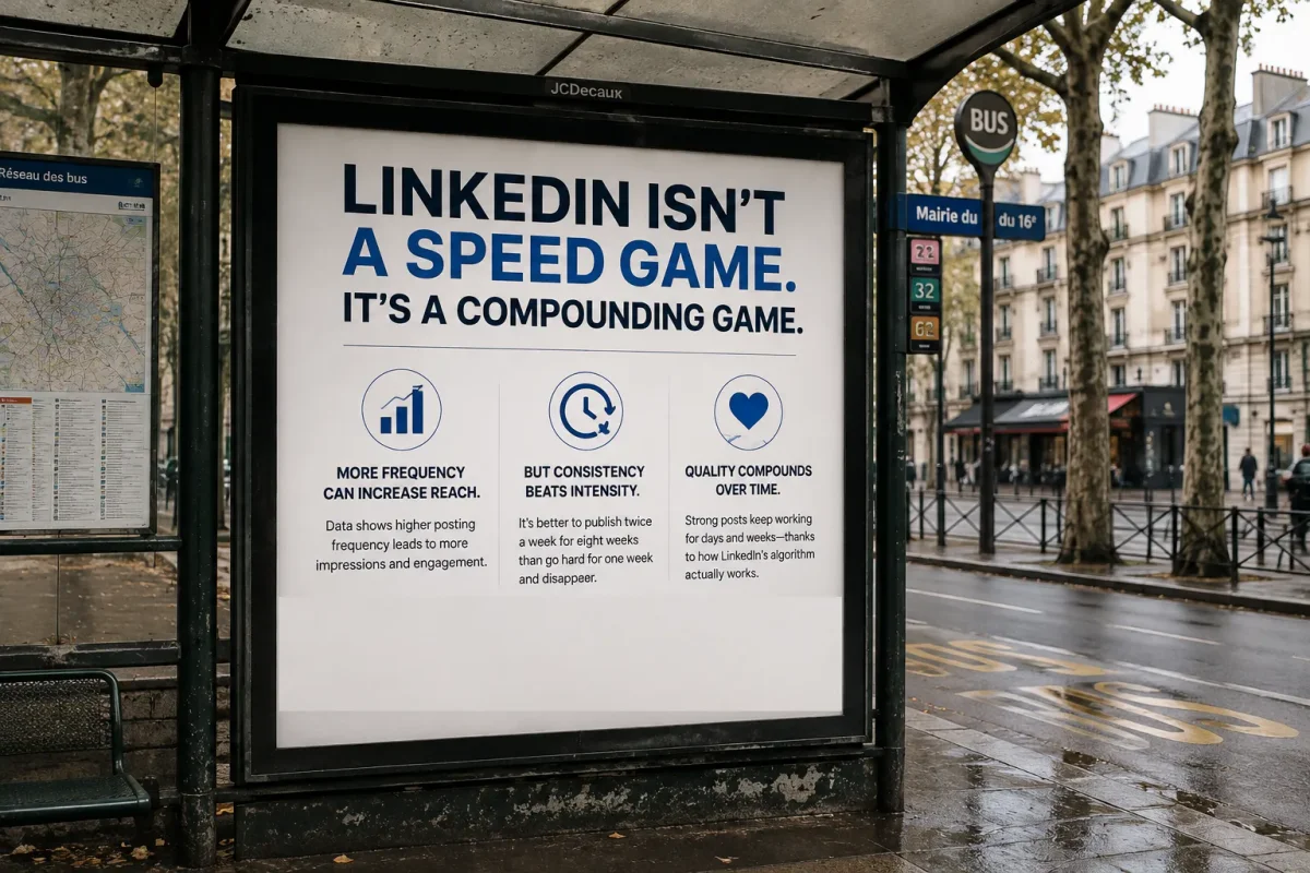 A Paris suburban bus stop featuring a large billboard about LinkedIn posting strategy, emphasizing that consistent, high quality content compounds over time more effectively than posting as often as possible, set against a realistic urban street scene.