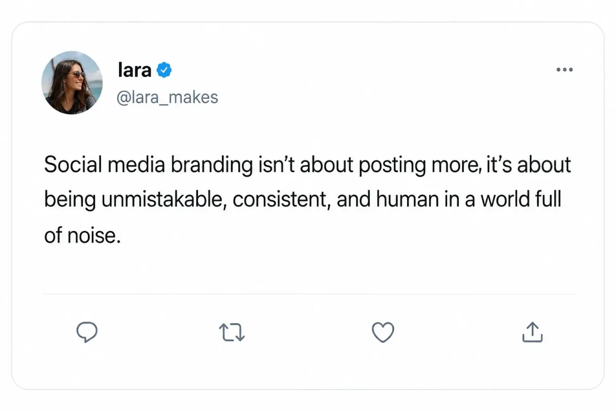 A realistic X (formerly Twitter) post from a woman sharing the opinion that social media branding is not about posting more but about being consistent, recognizable, and authentic, illustrating the importance of building a memorable brand on social media.