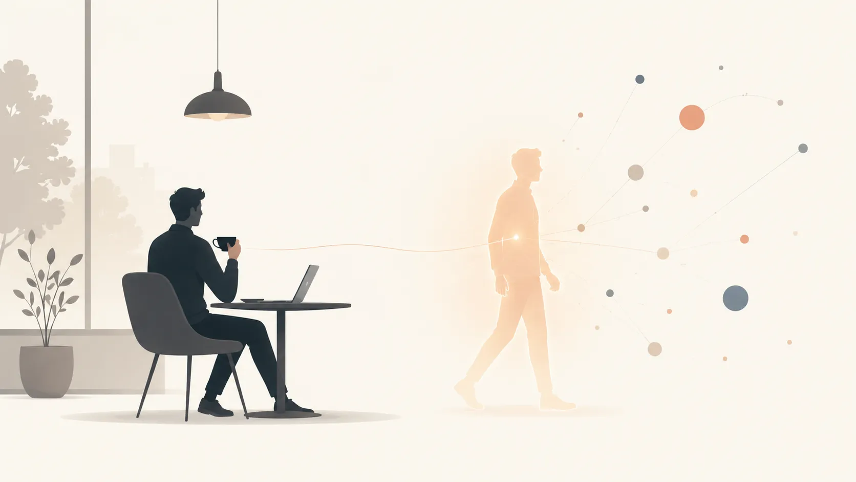 A person relaxing at a coffee table while a glowing duplicate of themselves walks out toward a network of connections, representing an online presence that keeps working on their behalf