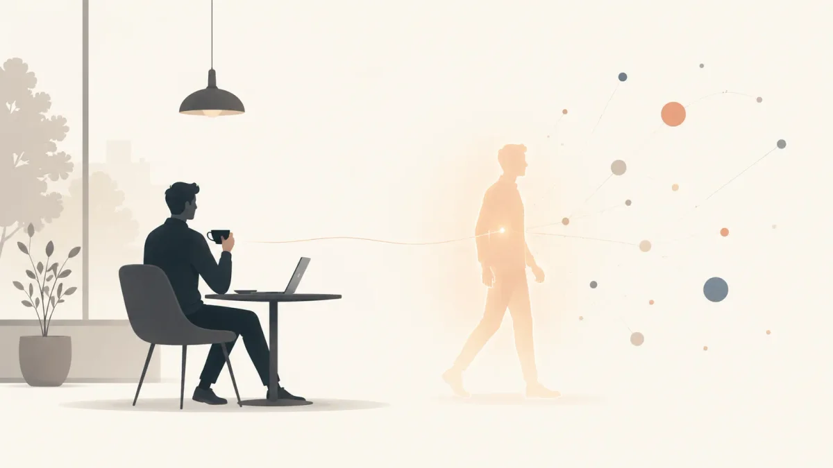 A person relaxing at a coffee table while a glowing duplicate of themselves walks out toward a network of connections, representing an online presence that keeps working on their behalf